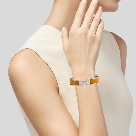 100% Authentic HERMÈS Accessories Clic Clac PM Bracelet Bangle Orange x Silver - Picture 5 of 8